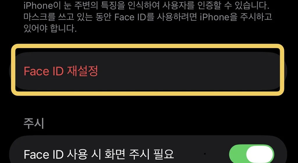아이폰 페이스 아이디 인식 안됨 오류를 해결하기 위해 기존 얼굴 데이터를 지우는 Face ID 재설정 버튼 화면