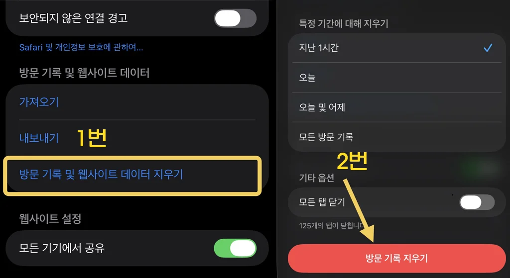 아이폰 설정에서 사파리 Safari 방문 기록 및 웹 사이트 데이터 지우기 방법과 최종 확인 팝업 화면