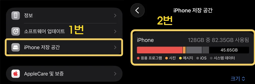 아이폰 저장 공간 설정 메뉴 진입 방법과 시스템 데이터 항목 용량을 보여주는 그래프 화면 캡처